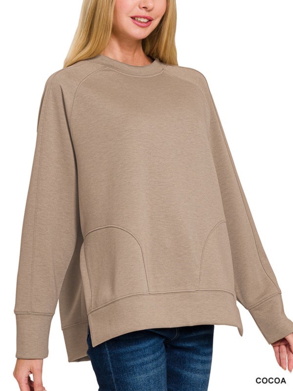 🆕 ZENANA SCUBA ROUND NECK PULLOVER WITH SIDE SLITS COCOA LARGE